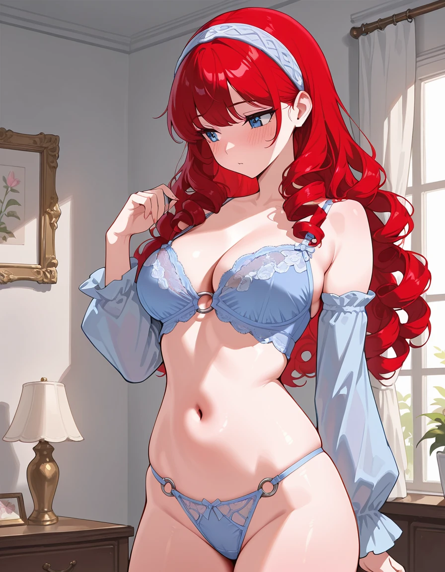 masterpiece, best quality, hud_prplset, 1girl, solo, long curly red hair, underwear, panties, blue lingerie, bra, detached sleeves, navel, breasts, o-ring, hairband, indoors, cowboy shot, <lora:hud_prplset_Illust:0.6>