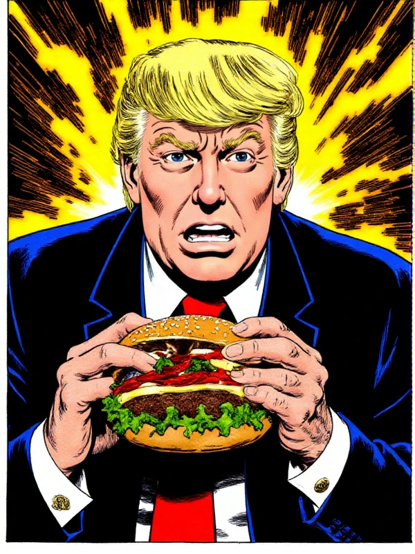 <lora:John_Byrne_Style:0.9> john byrne style, donald trump holds a burger