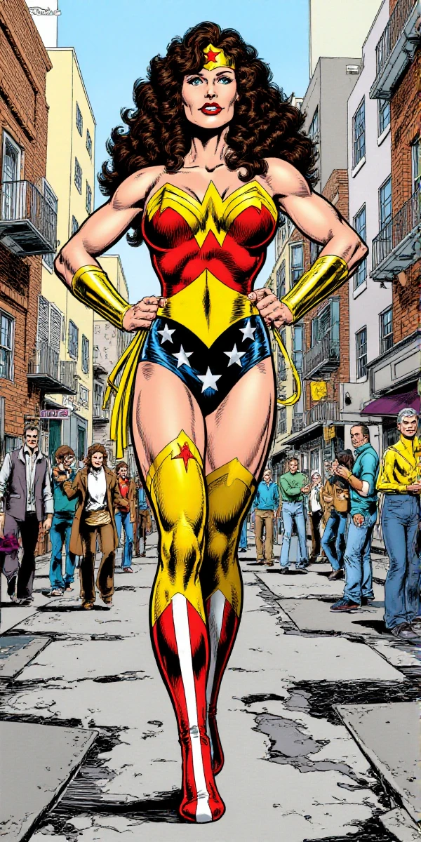 <lora:John_Byrne_Style:0.9> john byrne style, full body, wonderwoman is posing in a street