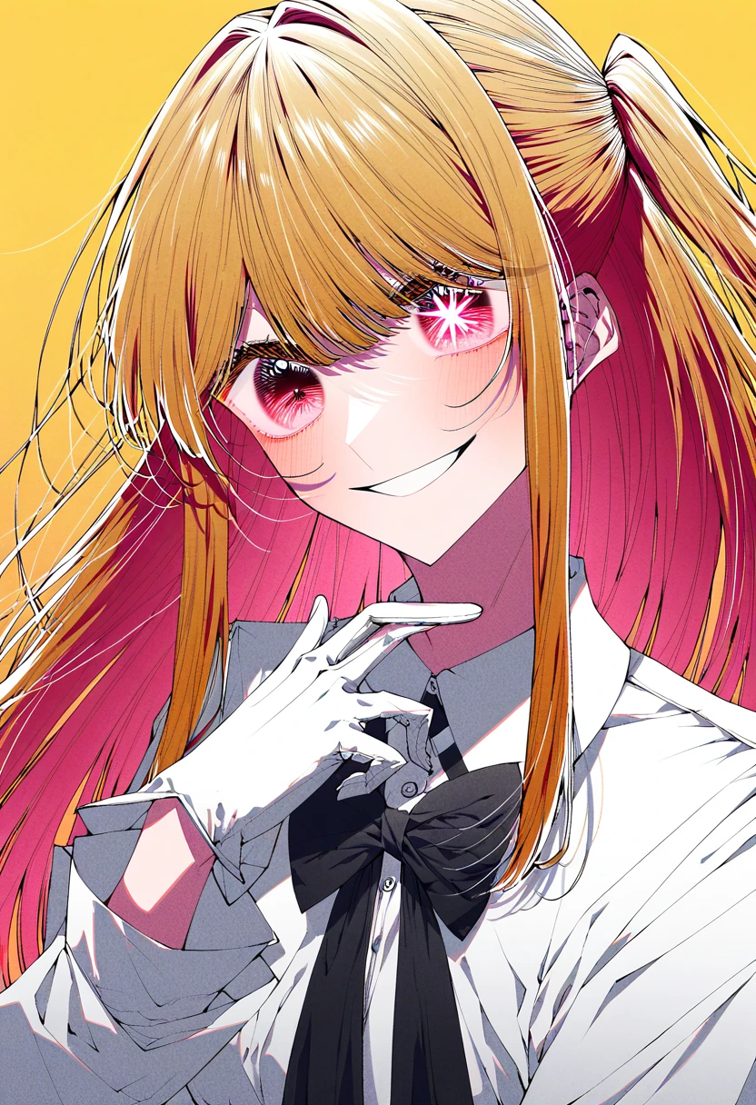 score_9, score_8_up, score_7_up, 4b-enpitsu, ruby hoshino, long hair, bangs, blonde hair, pink eyes, sidelocks, symbol-shaped pupils, multicolored hair, two-tone hair, hite shirt, collared shirt, white gloves, long sleeves, black bowtie, smile, > <, yellow background, pose, performance, close mouth, gradient background
<lora:4b-enpitsu_Style:0.3>  <lora:brj-ruby-pony-v0.5:1>