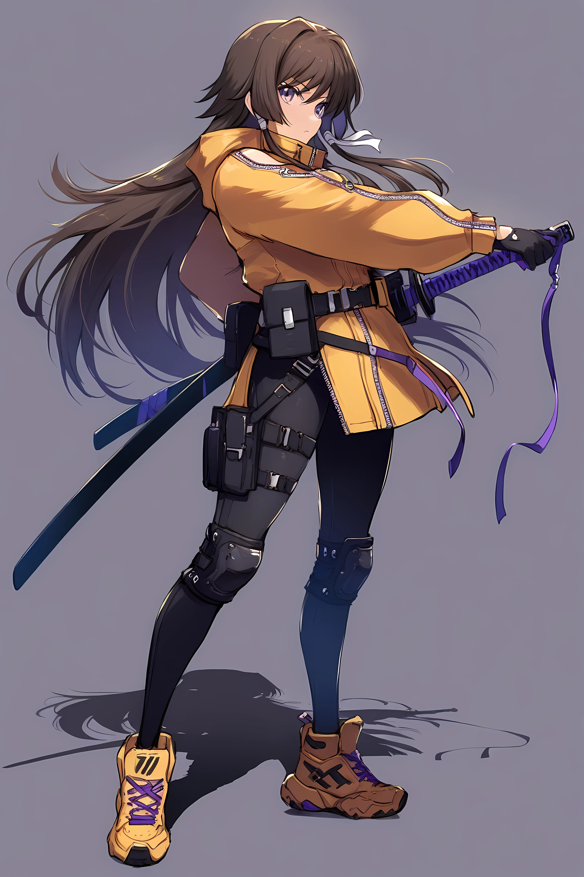 takamura yui, 1girl, solo, purple eyes, weapon, long hair, brown hair, sword, knee pads, gloves, yellow jacket, originaloutfit<lora:Takamura_Yui_-_IllustriousXL:1>, (masterpiece),(best quality),(ultra-detailed),(best illustration),(best shadow),(absurdres),(detailed background),(very aesthetic),