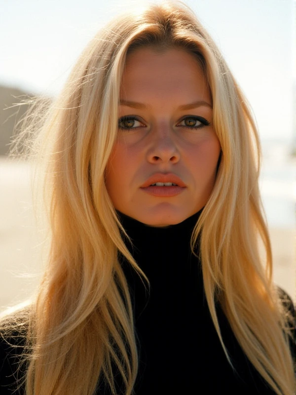 <lora:Brigitte_Bardot:0.9> brigitte bardot, woman, long blond hair. she wears a turtleneck. Closeup face portrait. Beach background