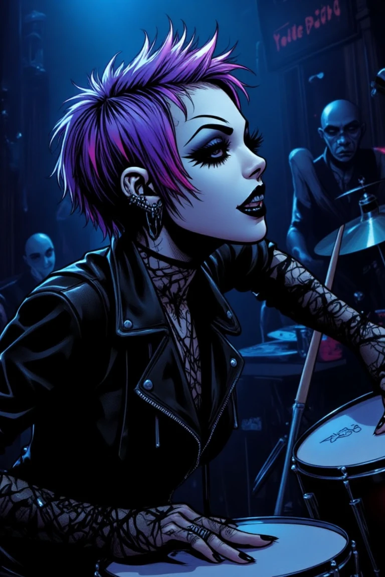 A pixie-cut woman with purple and pink hair, dramatically playing drums in a dark cabaret. She wears a BDSM leather outfit and extreme face makeup, exuding a bold and edgy presence. The scene is illuminated by dramatic lighting, casting deep shadows and highlighting her intense expression and dynamic pose. The background features a shadowy cabaret setting with scattered patrons, adding to the mysterious and alluring atmosphere.