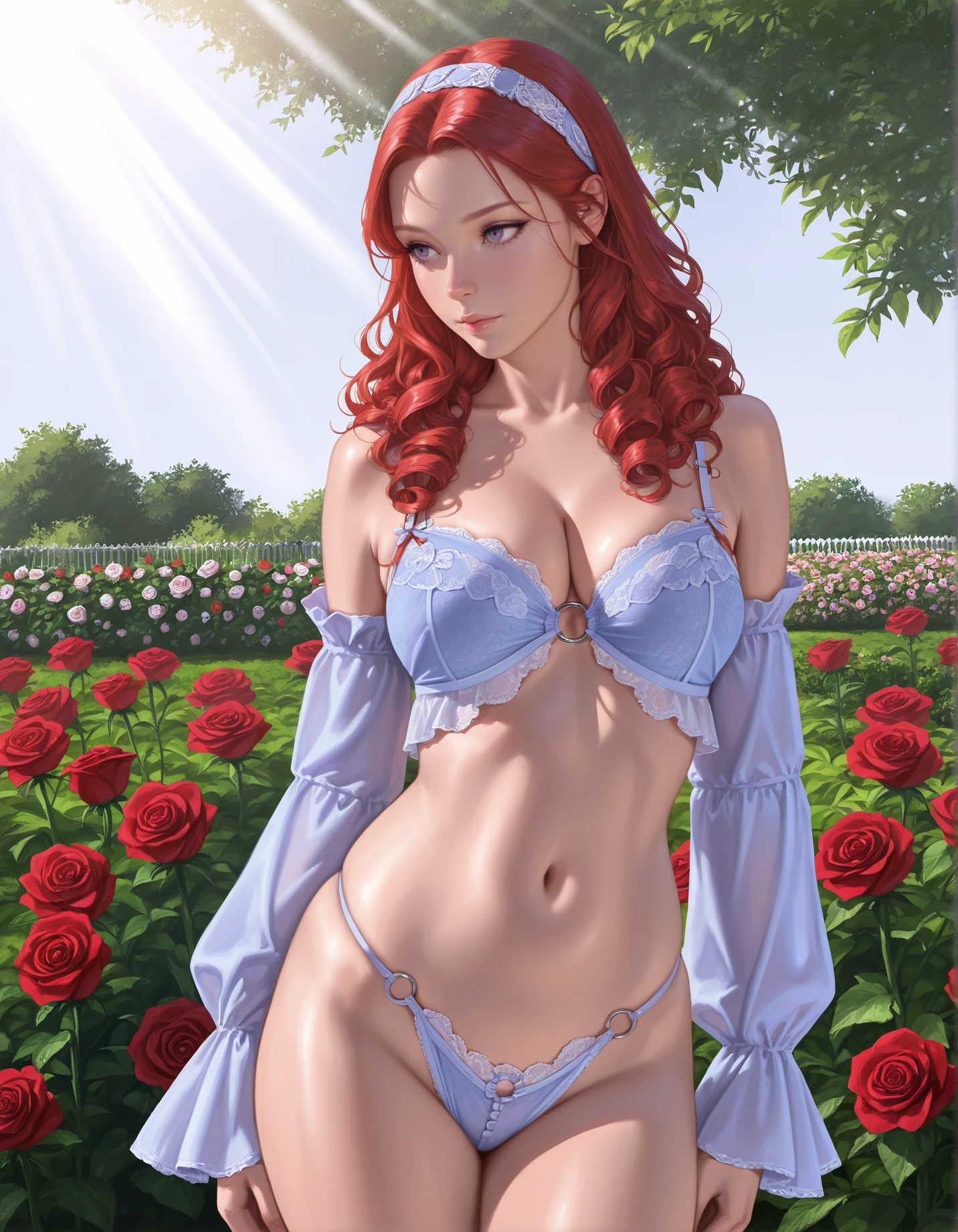 professional 3d model masterpiece, best quality, hud_prplset, 1girl, solo, long curly red hair, underwear, panties, blue lingerie, bra, detached sleeves, navel, breasts, o-ring, hairband, outdoors, rose garden, sunbeam, cowboy shot, realistic <lora:hud_prplset_Illust:0.6>  . octane render, highly detailed, volumetric, dramatic lighting