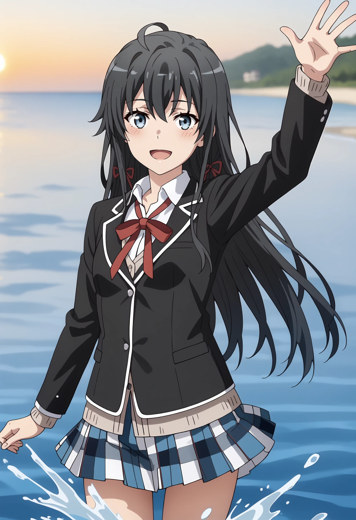 anime screencap,
<lora:YahariOreNoSeishunLoveComedy_YukinoshitaYukinoXL:0.9>,
1girl, solo, open mouth, blush, light smile,
long hair, black hair, blue eyes, hair between eyes, ahoge, hair ribbon,
YukinoSchool, blazer, black jacket, collared shirt, white shirt, brown cardigan, neck ribbon, red ribbon, long sleeves, plaid skirt, pleated skirt, multicolored skirt,
arm up, thigh gap, cowboy shot, standing, looking at viewer,
splashing, splash, partially submerged, water, sunset, beach, outdoors, blurry background