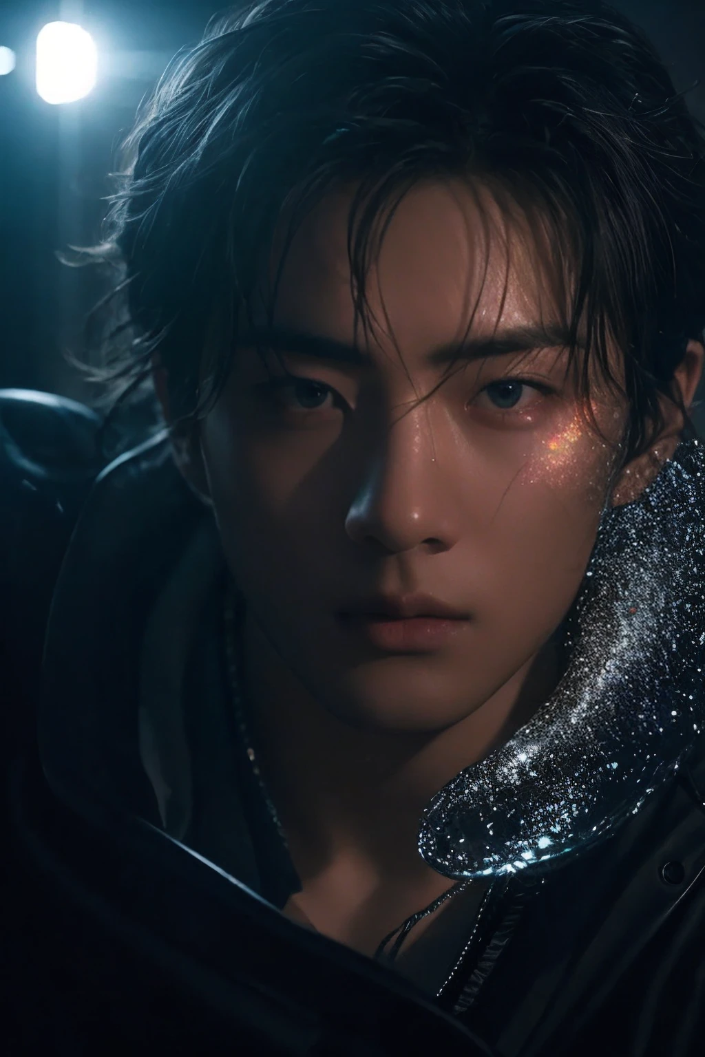 1boy, male focus, (mid_shot:1.3), (frontal post:1.2), shirtless, athletic, with a silver body and glitters with lights above, extreme iridescent reflection, in the style of vray tracing, vibrantmanga ,shiny/ glossy, rococo pastel, fluid form, tinycore, fluid impressions, vray, machine aesthetics, silver, shiny eyes, fluidform., the young warrior, 
Cinematic photography, movie mood, cinematic light, compelling composition, storytelling elements, conveys emotion, mood, and narrative depth, creating visually striking images that feel like still frames from a film
 <lora:AsianMan014:0.8>