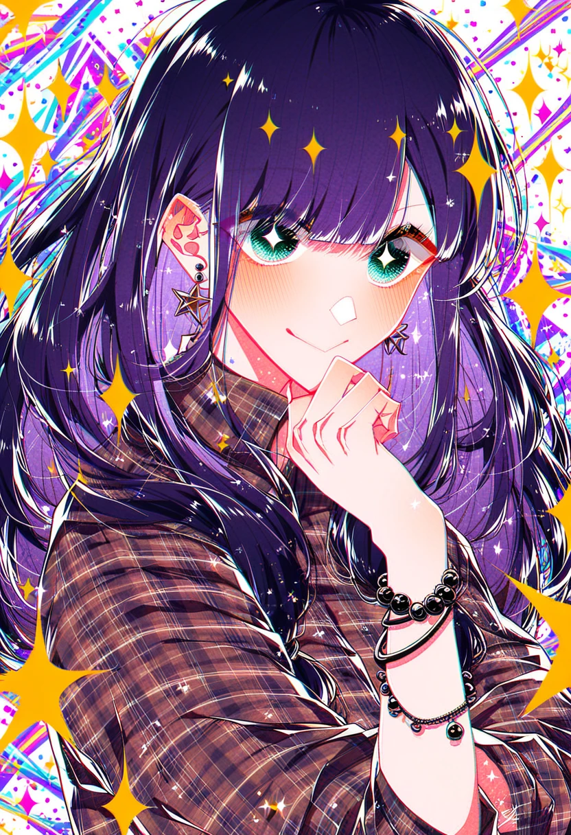 score_9, score_8_up, score_7_up, 4b-enpitsu, 1girl, ^^^, aqua eyes, purple hair, blush, bow, bracelet, closed mouth, constellation, diffraction spikes, doyagao, earrings, glint, jewelry, lens flare, light censor, long hair, plaid, rainbow background, shirt, sleeves rolled up, smile, sparkle background, sparkling eyes, sparks, stage lights
<lora:4b-enpitsu_Style:0.45>  <lora:ponyv4_noob1_2_adamW:0.3> <lora:easynegative:1>