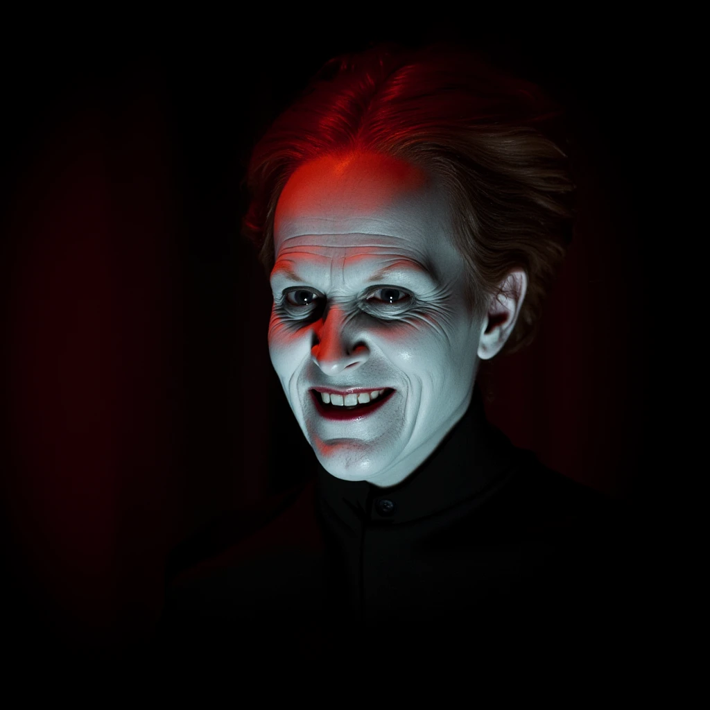 cinematic film still of <lora:1900 Twentieth Century Dracula 1992 style v1:0.9>
1900 Twentieth Century In 1897 London White skin Vlad undead vamp a smiling person with a red hair and a red light on his face, different, solo, looking at viewer, smile, 1boy, male focus, teeth, grin, scar, portrait, realistic, dark background, wrinkled skin, horror, scary, thriller, 1980's style, themed, sharp, detailed, epic cinematic photography, artistic, dramatic light, cinematic color style, Kodak film style, Bram Stoker Dracula style, red hair, black background, old, horror (theme), old woman, closed mouth, facial hair, short hair, old man, shallow depth of field, vignette, highly detailed, high budget, bokeh, cinemascope, moody, epic, gorgeous, film grain, grainy