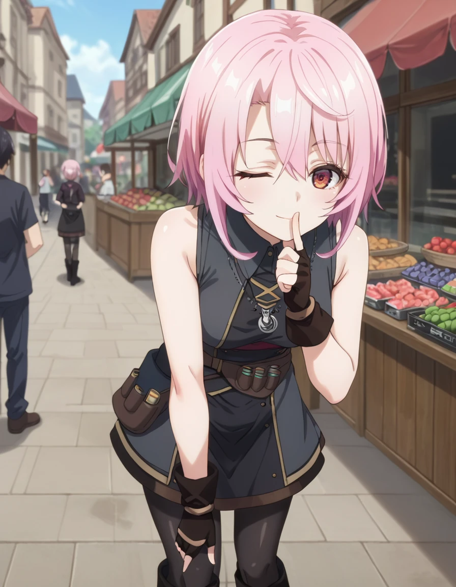 score_9, score_8_up, score_7_up, source_anime, BREAK
1girl, solo, looking at viewer, outdoors, market, stall, crowd, blurry background, day, leaning forward, wink, finger to mouth, pov, full body, 
sitri smart, short hair, pink hair, asymmetrical bangs, hair between eyes, red eyes,
sleeveless dress, dark gray dress, bare shoulders, necklace, fingerless gloves, waist pouch, pantyhose, boots
<lora:sitri_smart_anime-soralz:1>