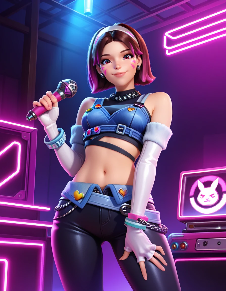Masterpiece, high-res, 2k, best quality, 1 girl,dva kpop, d.va (overwatch) , looking at viewer <lora:Dva kpop illus-000040:1> at a concert, neon lights
