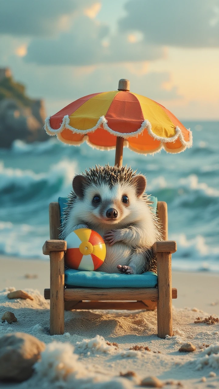 Jedhydipa,A hedgehog curled up on a mini beach chair under a tiny umbrella, holding a toy beach ball, <lora:realdigitalpainting:0.8>,