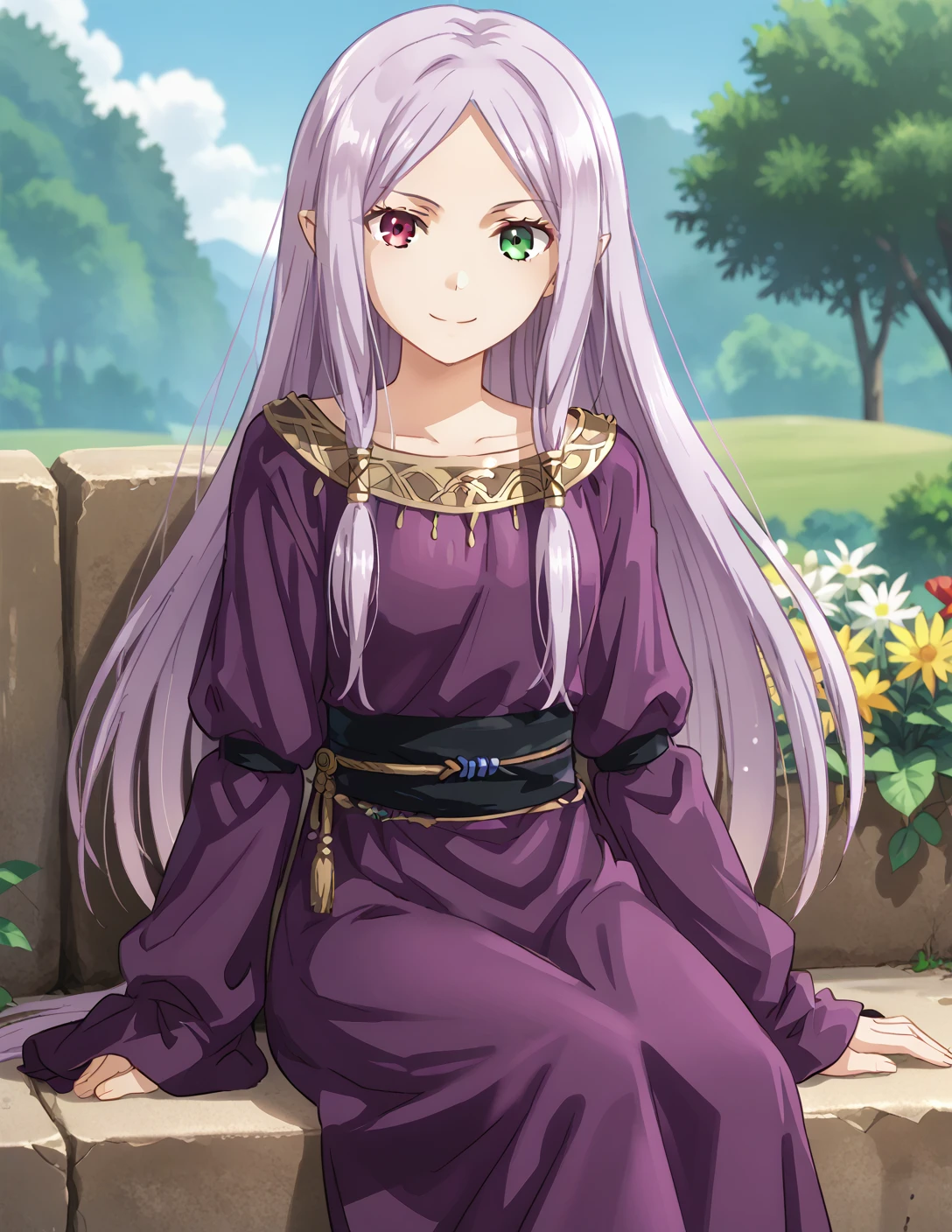 solo, 1girl,(anime screenshot:1.6, )
IdunnDefault, purple dress, long hair,
outdoors, looking at viewer, sitting, cowboy shot, smile,  <lora:idunn_V1.0-000010:0.85> <lora:Anime_Screencap:1>