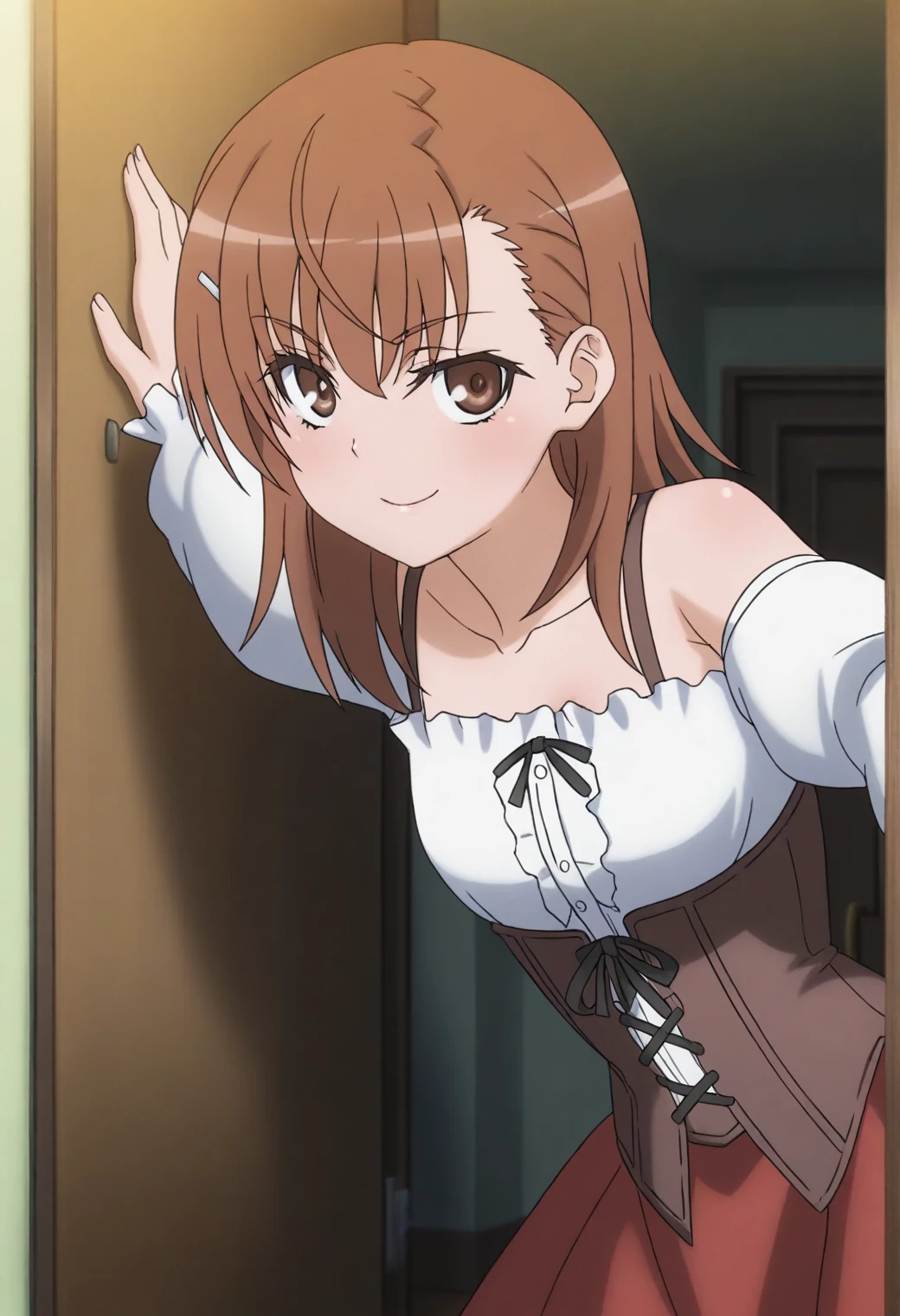 <lora:Mikoto Misaka - [A Certain Scientific Railgun] - illustriousXL v1:1>, sysdeep_mikoto, brown hair, brown eyes, medium hair, boudoir, leaning against doorframe, corset and stockings, teasing glance