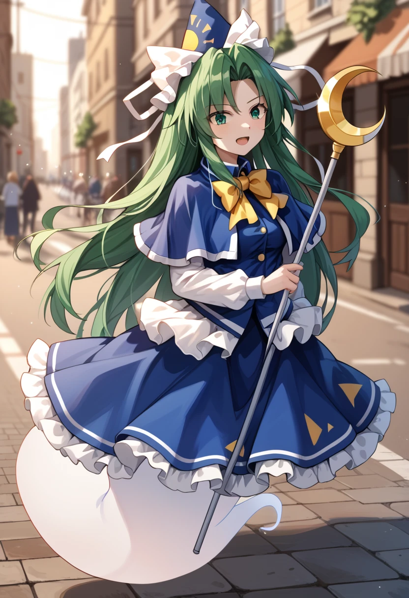 score_9_up, score_8_up, score_7_up, BREAK source_anime, (masterpiece), (best quality), 1girl, mima (touhou), green eyes, green hair, solo, long hair, blue capelet, bow, skirt, long sleeves, open mouth, blue skirt, ghost tail, blurry background, street, staff, <lora:mima(touhou)-V1:1>