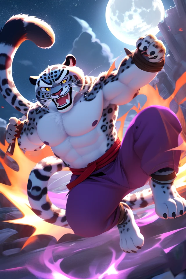 dreamworks, kung fu panda, tai lung kung fu panda, felid, mammal, pantherine, yellow eyes, moonlight snow leopard, action pose,partially clothed, anthro, bottomwear, claws, clothing, male, open mouth, pants, pose, purple bottomwear, purple pants, solo, teeth, hi res, signature, shirtless, angry, showing fangs, jumping at camera