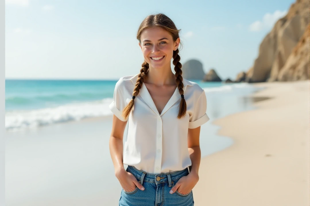 A young woman standing on a beach wearing jeans and a blouse, her hair is braided in pig tails<lora:Violet_Brandini:1>âââ