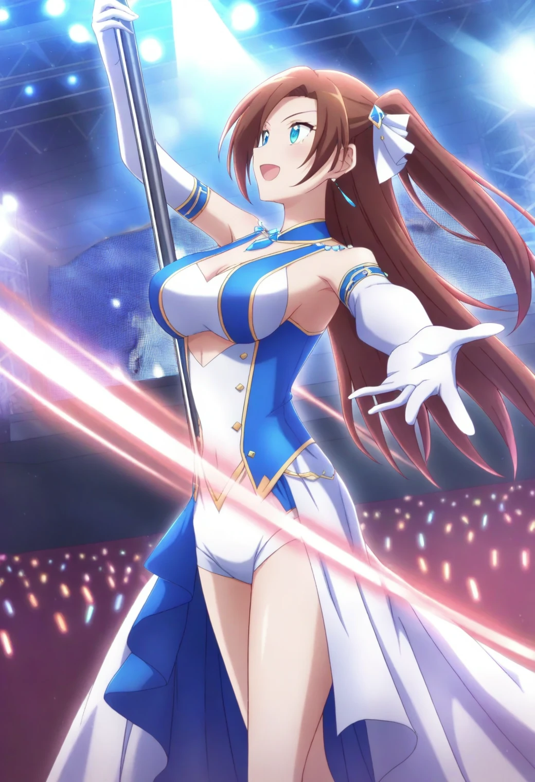 <lora:Catarina Claes - [My Next Life as a Villainess] - illustriousXL v1:1>, sysdeep_catarina, long hair, light blue eyes, brown hair, on stage, holding pole, glittering outfit, spotlight, dynamic motion