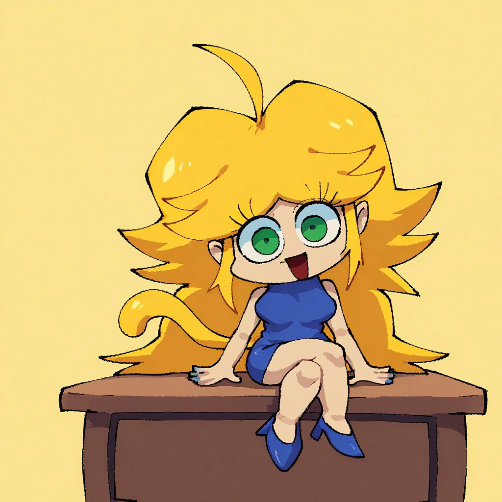 score_9, score_8_up, score_7_up, blue dress, sleeveless dress,very long hair, blonde hair, ahoge, green eyes, open mouth, blue heels, yellow tail, 1girl, solo, breasts, standing, smile, dumb expression, looking at viewer, bedroom, yellow walls, orange floor, table, sitting on chair