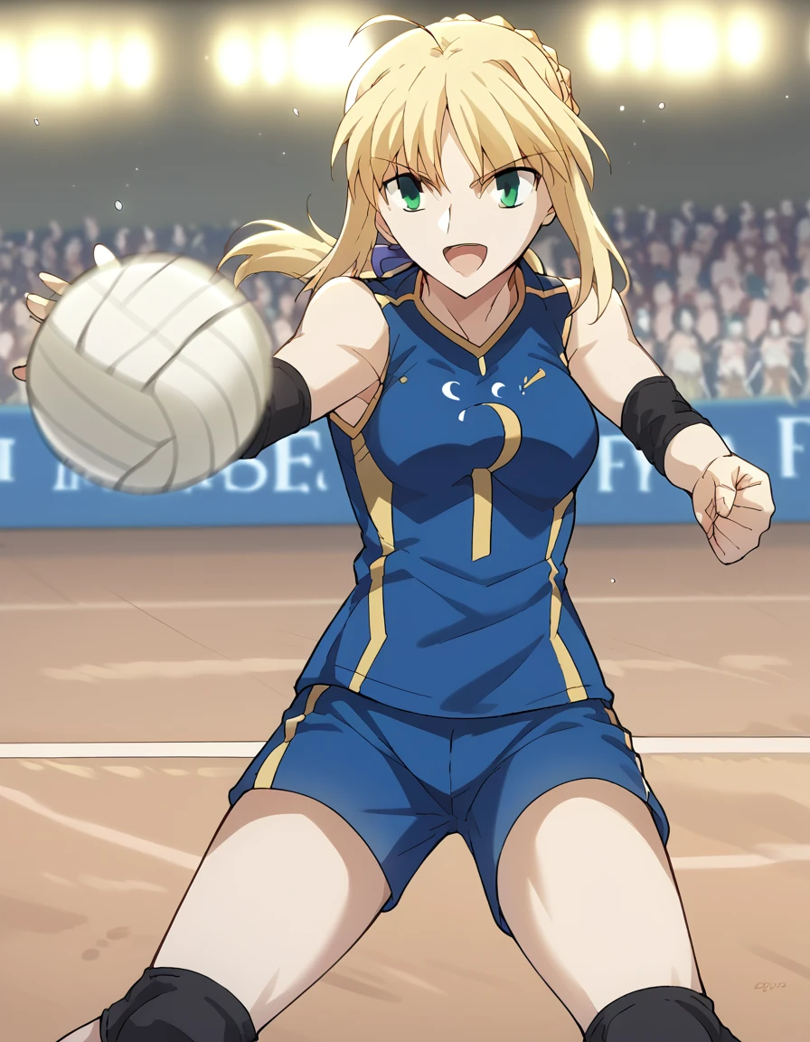 score_9, score_8_up, score_7_up, source_anime, <lora:artoria-pendragon-zero-ponyxl-lora-nochekaiser:1>, artoria pendragon, artoria pendragon (fate), saber, long hair, blonde hair, green eyes, ponytail, ahoge, medium breasts, <lora:bump-volleyball-ponyxl-lora-nochekaiser:1> bump volleyball, bump (volleyball), volleyball, volleyball (object), outstretched arms, own hands together, clenched hands, open mouth, smile,, <lora:volleyball-uniform-ponyxl-lora-nochekaiser:1> volleyball uniform, sportswear, elbow pads, elbow sleeve, knee pads, sleeveless, shorts, short shorts,, cowboy shot,