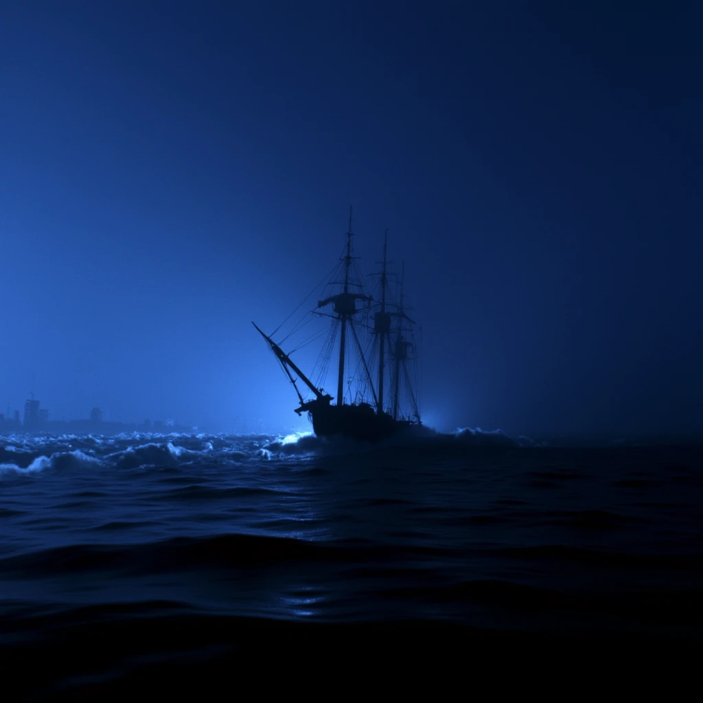 cinematic film still of <lora:1900 Twentieth Century Dracula 1992 style v1:0.9>
1900 Twentieth Century In 1897 London a boat in the ocean with a lot of waves, monochrome, outdoors, sky, no humans, night, scenery, blue theme, dark, watercraft, power lines, horror, scary, thriller, 1980's style, themed, sharp, detailed, epic cinematic photography, artistic, dramatic light, cinematic color style, Kodak film style, Bram Stoker Dracula style, ocean, cloud, silhouette, ship, fog, solo, shallow depth of field, vignette, highly detailed, high budget, bokeh, cinemascope, moody, epic, gorgeous, film grain, grainy