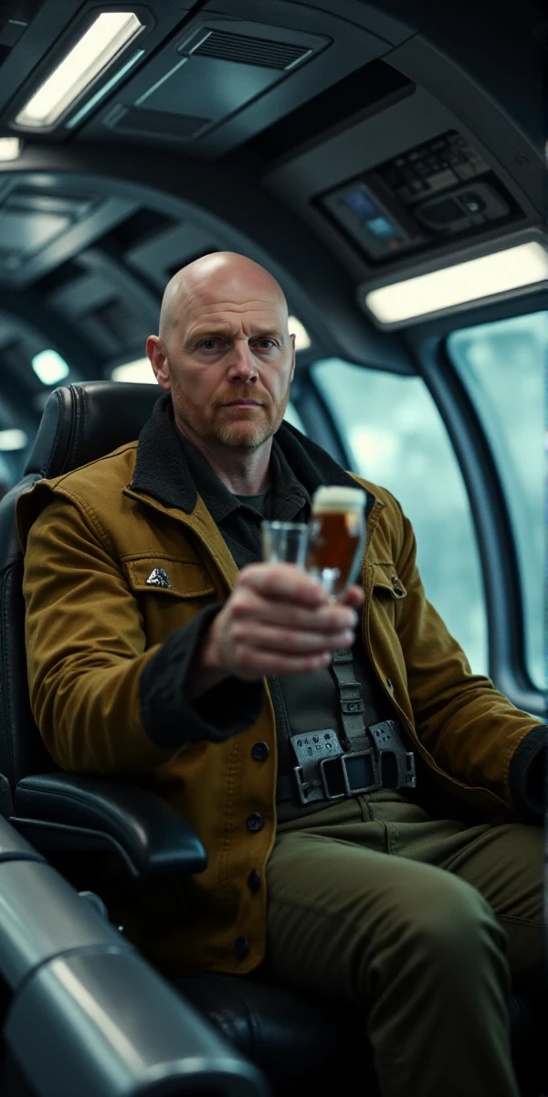 <lora:Migs_Mayfeld:0.9> migs mayfeld, full body, bald man holding a beer in a space ship.