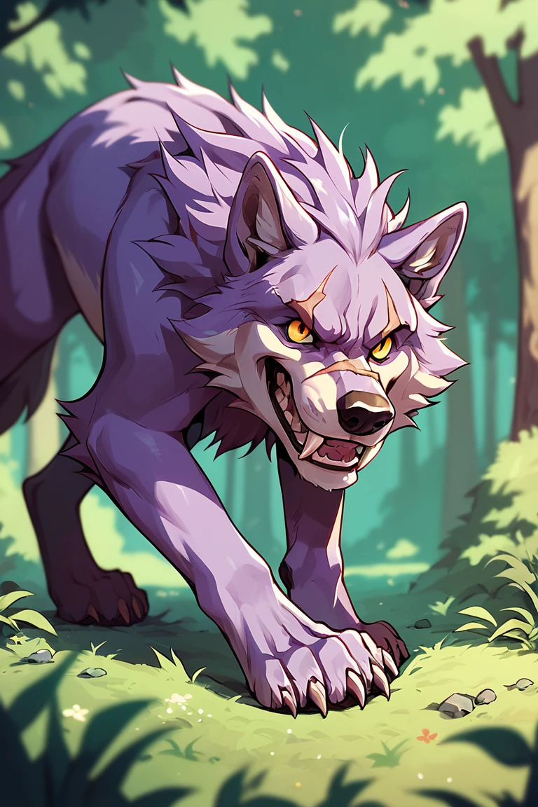 score_9, score_8_up, score_7_up, <lora:iro:1> iro, 
wolf, purple fur, scar, teeth, fangs, animal, tail, monster
blurry background, forest