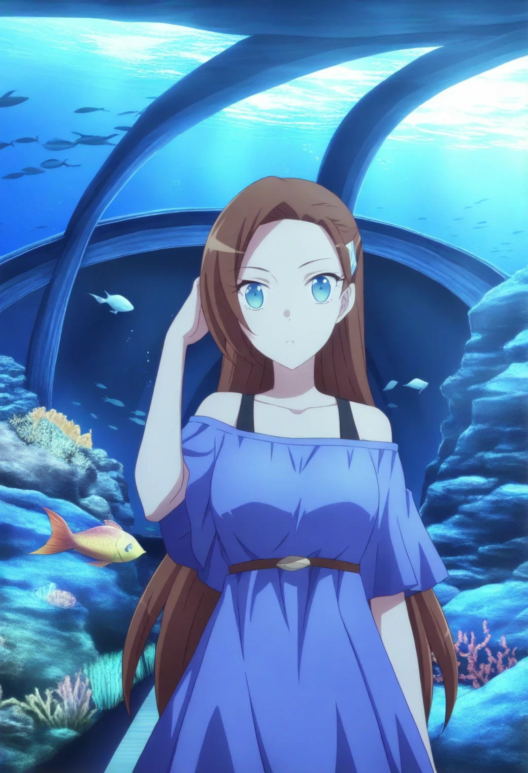 <lora:Catarina Claes - [My Next Life as a Villainess] - illustriousXL v1:1>, sysdeep_catarina, long hair, light blue eyes, brown hair, aquarium, underwater tunnel, looking at fish, casual wear, soft glow