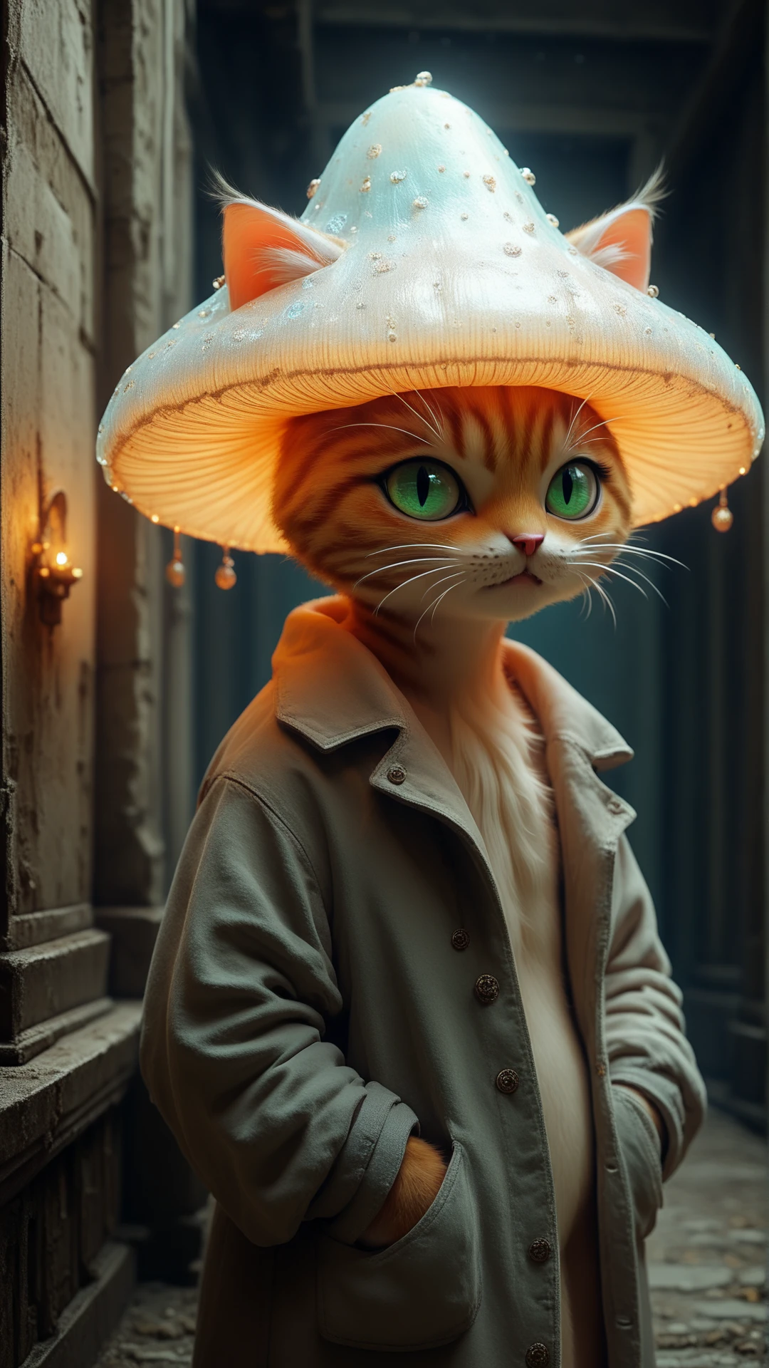 score_9, score_8_up, score_7_up, score_6_up <lora:MushroomHatPDXL:1>transparent mushroomhat, Cat, in location sunken cathedral, portrait, Both Hands in Front Pockets