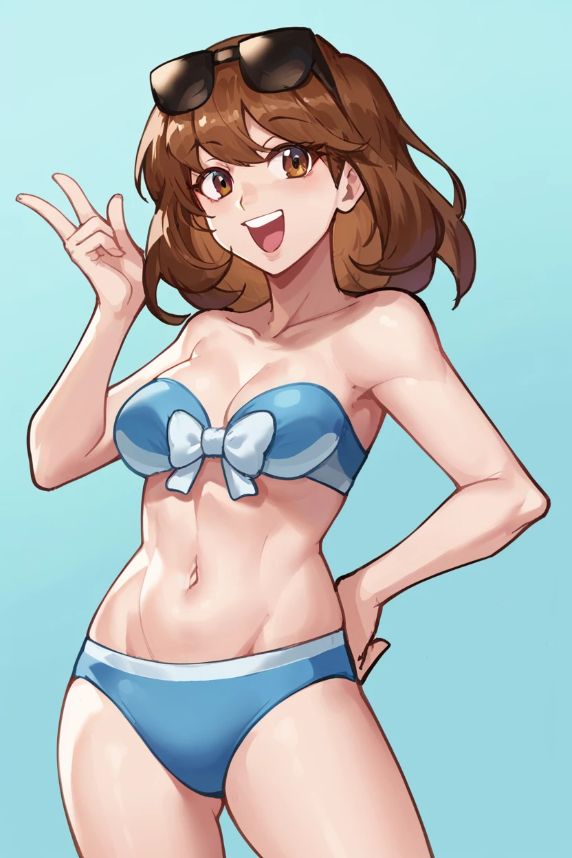 score_9, score_8_up,  <lora:Pokemon_Swimmer_ORAS:0.9>, orassw1mmer, sunglasses on head, brown hair, blue bikini, strapless, bow, hand on hip, open mouth, solo,