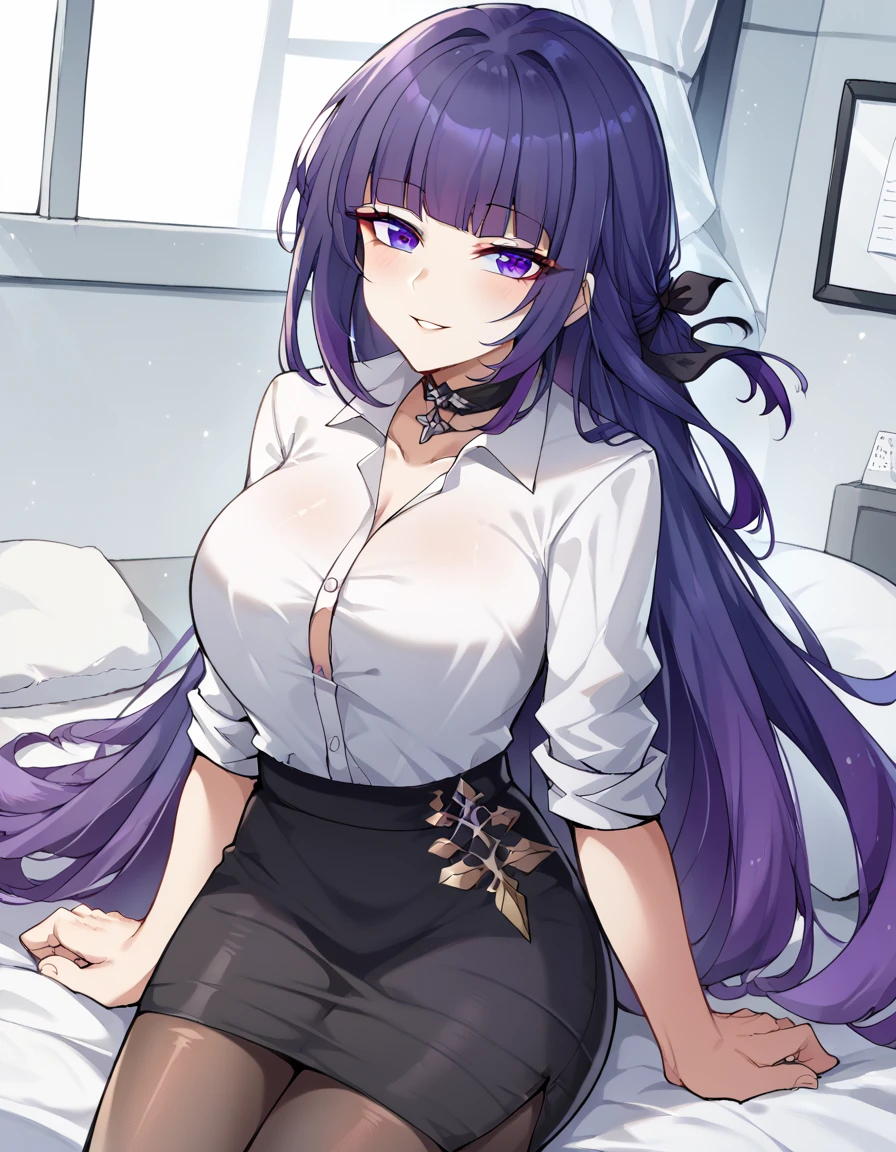 Best quality, 8k, in bed, purple hair, purple eyes, white shirt and no bra, anime visual of a cute girl, cute expressive face, still from anime, hard breast, lustful face