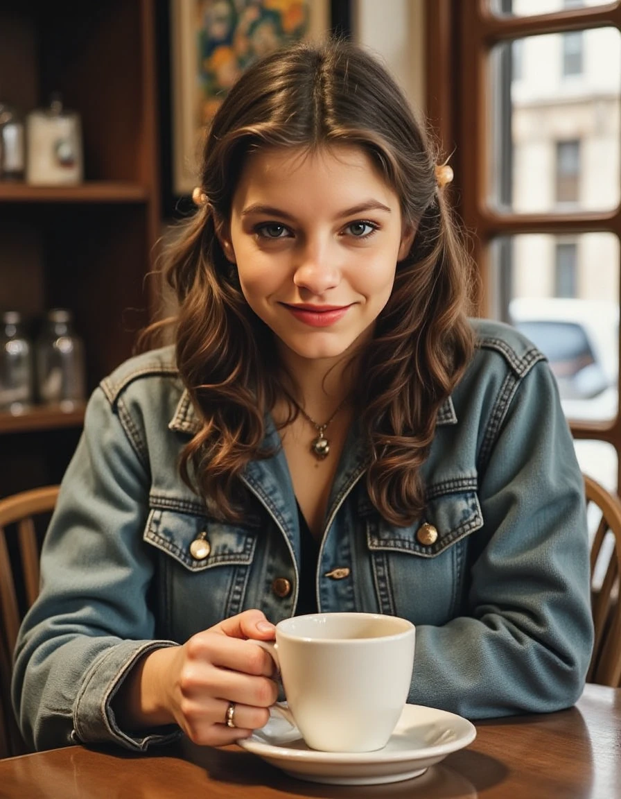 full body picture of a young woman wearing casual clothes, having coffee in a vintage cafe, professional, atmospheric haze, excellent dynamic range, masterpiece, excellent quality, ultra detailed, subtle lighting, soft focus, detailed shadows