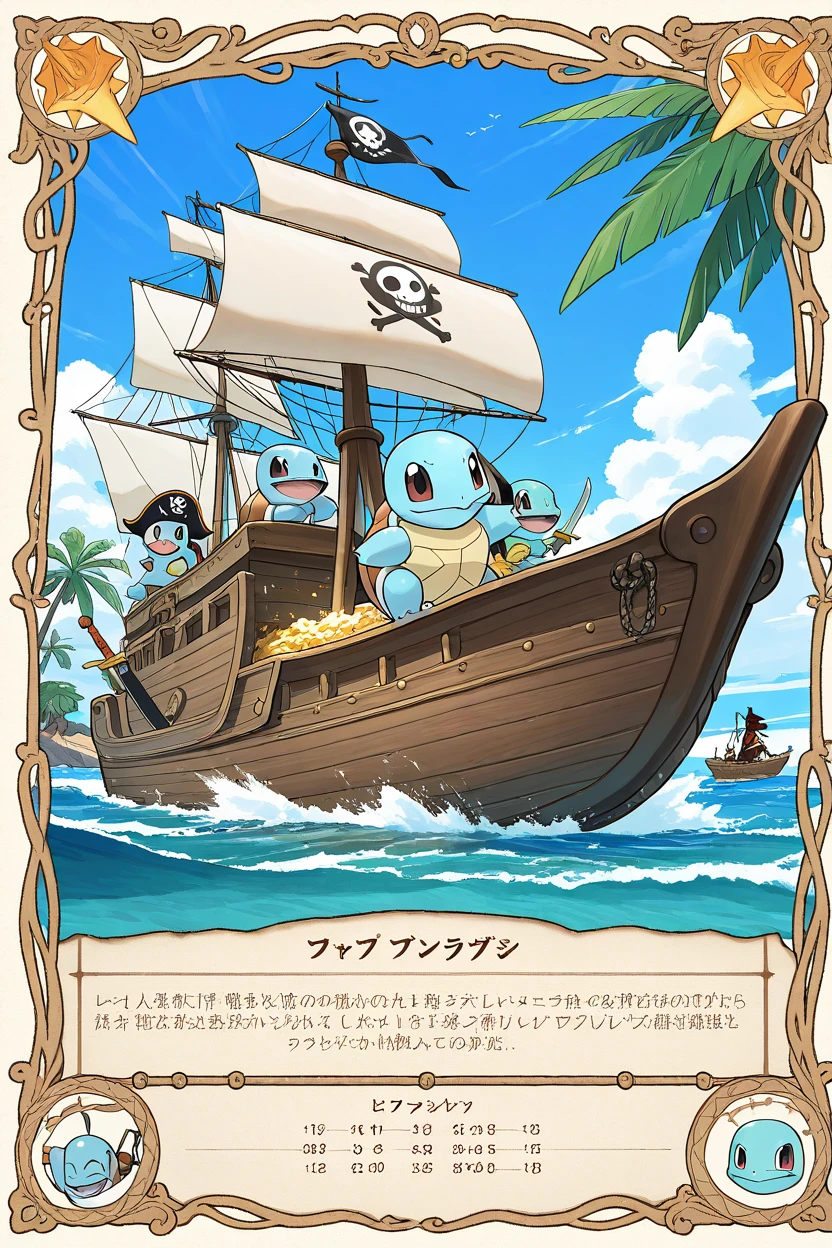 masterpiece, best quality,   <lora:SquirtlePokedexIXL:1.0>,   zzSquirtle,   Pirate hats, long coats, boots, treasure maps, wooden ships, sea breeze, tropical islands, swords, barrels, cannons, swashbuckling action