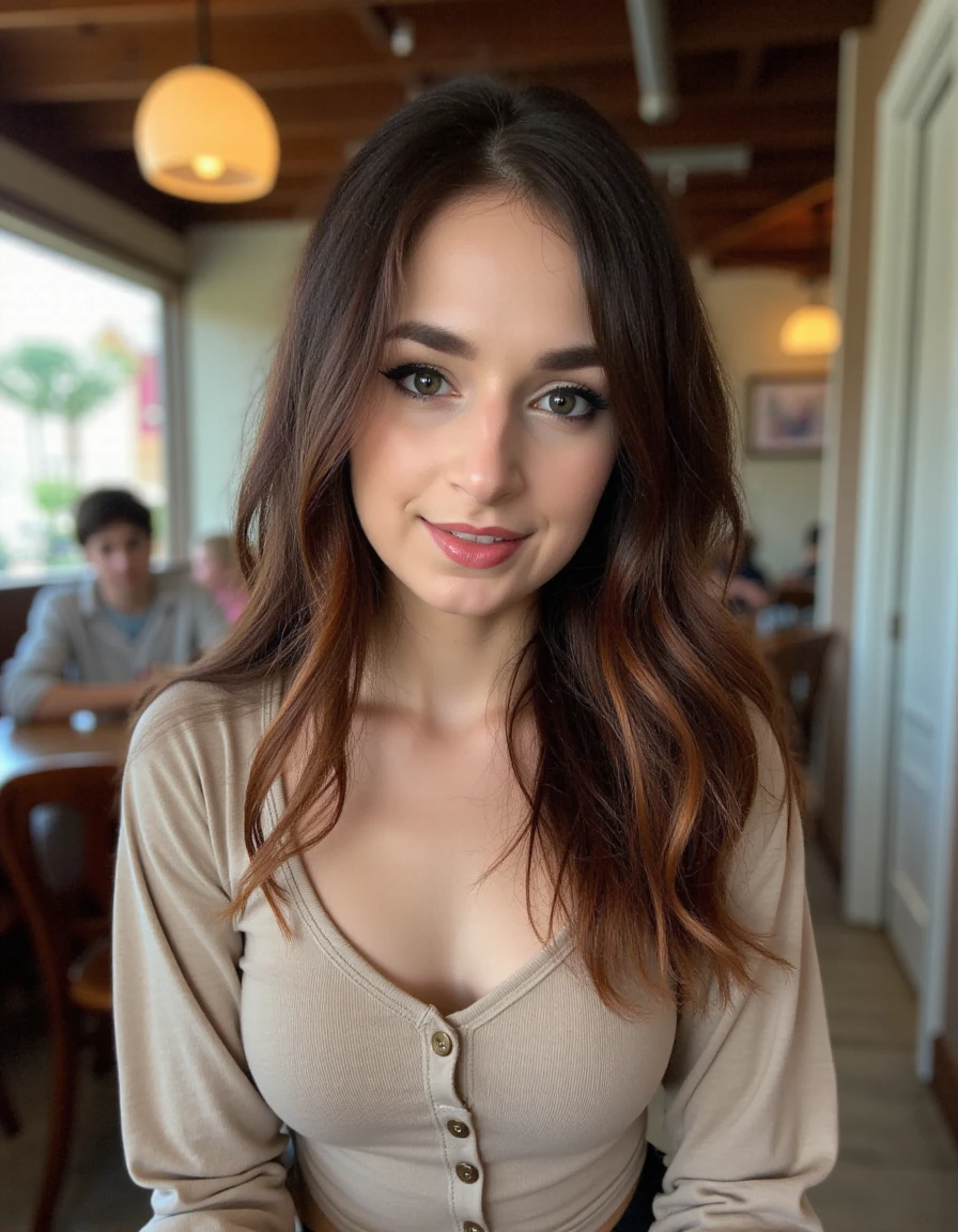 This is an image a young woman, a beautiful detailed photograph, makeup, wearing casual clothes, standing in a cafe looking at the viewer, with a hint of a closed-mouth smile.