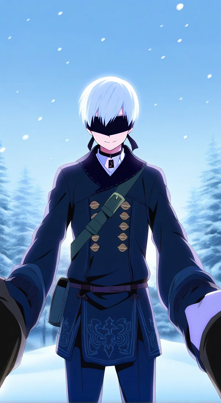 score_9, score_8_up, score_7_up, source_anime, highres, (masterpiece, best quality,cinematic lighting, (anime, anime coloring:1.3),1boy,solo,male focus,9s,white hair,blindfold,black blindfold,smile,winter,snow mounting,white jacket,furtrim,open jacker,inside shirt,pants,belt,POV,arms_outstretched,smile