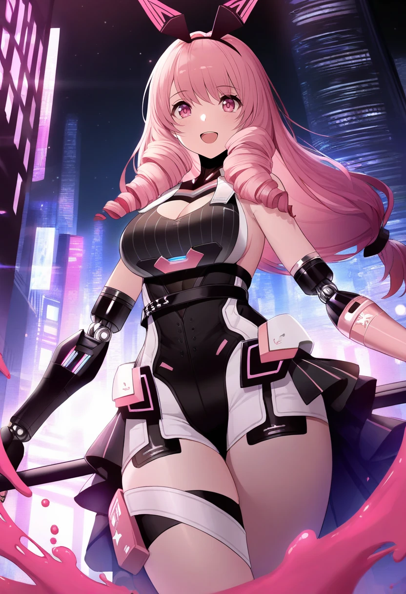 upper body, pink hair, pink eyes, drill sidelocks, low-tied long hair, mechanical arms,
happy,
fake animal ears,
black leotard,
shorts, white shorts, short shorts, showgirl skirt, cleavage cutout, thigh pouch, 
thigh strap,
cowboy shot,
city, paint, paint splatter, night, bokeh, in focus, dark, fluorescent, science fiction, outdoors,
polearm, holding polearm,
masterpiece, best quality,
 <lora:aylakaleidoNOOB10:1>