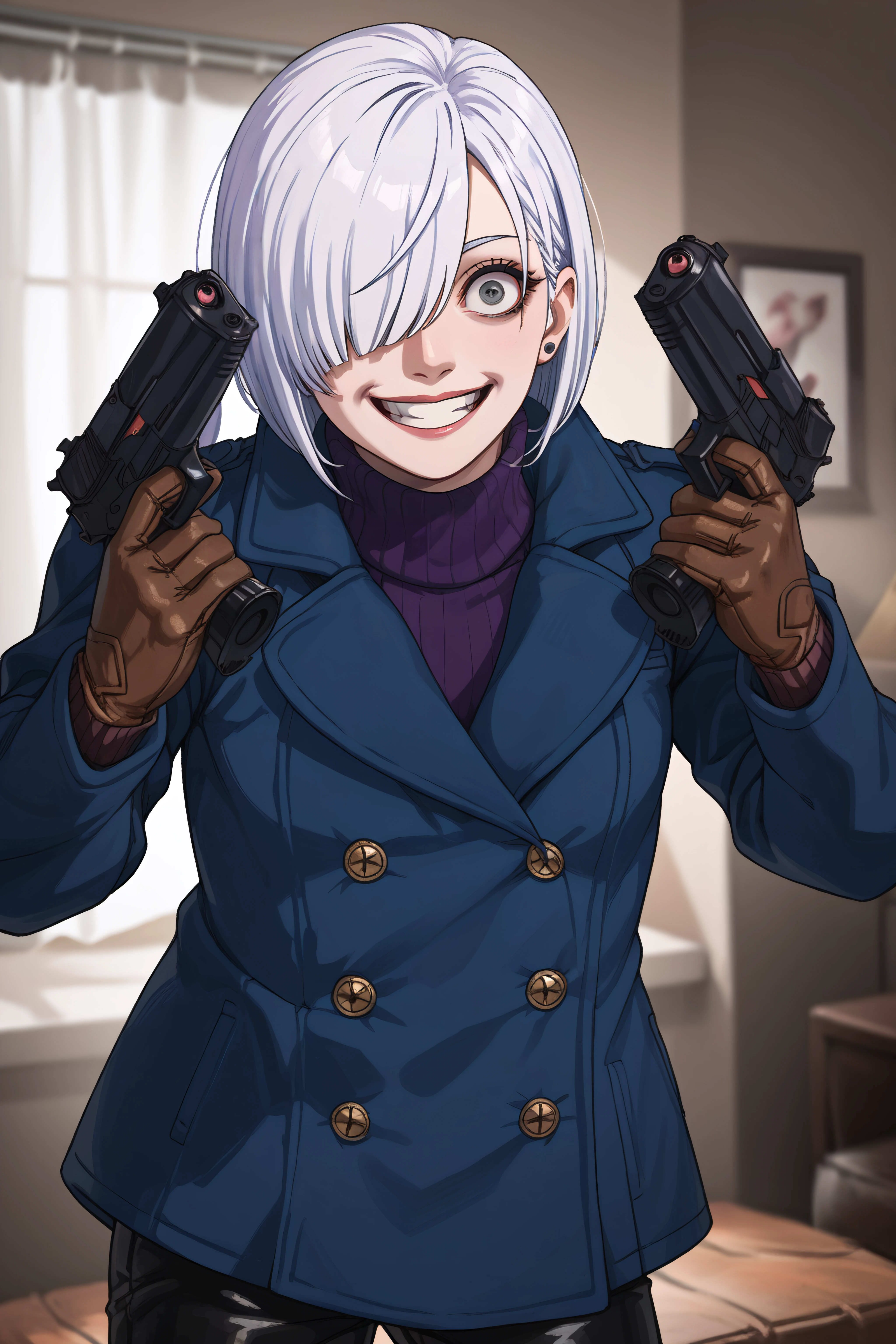 score_9, score_8_up, score_7_up, score_6_up, source_anime, BREAK, <lora:Fiona Frost-PonyXL-lora-Faxtron:0.8> fiona frost, grey eyes, white hair, short hair, hair over one eye, blue coat, turtleneck, black pants, brown gloves,  <lora:DanielRadcliffeHoldingTwoGunsMeme_pdxl_Incrs_v1:1> handgun, holding gun, holding weapon, dual wielding, finger on trigger, smile, grin, crazy eyes,