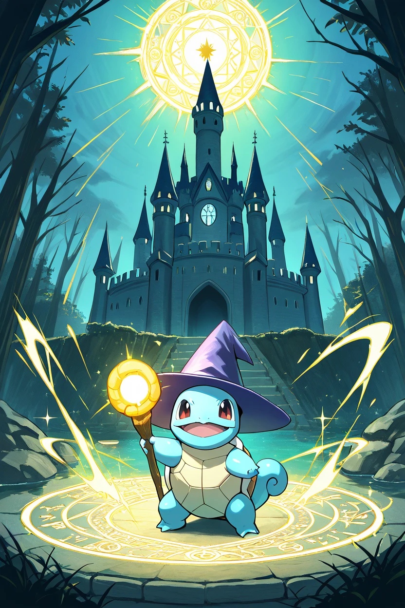 masterpiece, best quality, <lora:SquirtlePokedexIXL:1.0>, zzSquirtle, wizard hat, glowing staff, enchanted shell, magical runes, medieval castle, casting a water spell, mystical forest, ancient stone circle, sparkling aura, heroic expression