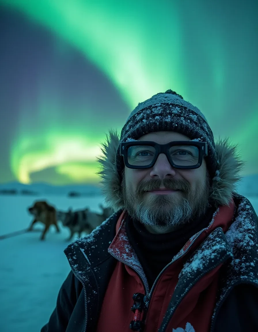 Peregooglass master arctic survival expert age 40, frost-covered black glasses, triumphant expression, Phase One IQ4 150MP capture, dog-sledding through aurora borealis, premium arctic expedition gear with wind physics, northern lights reflecting in glasses, volumetric snow, extreme weather particle systems, epic drone shot, National Geographic extreme documentary style