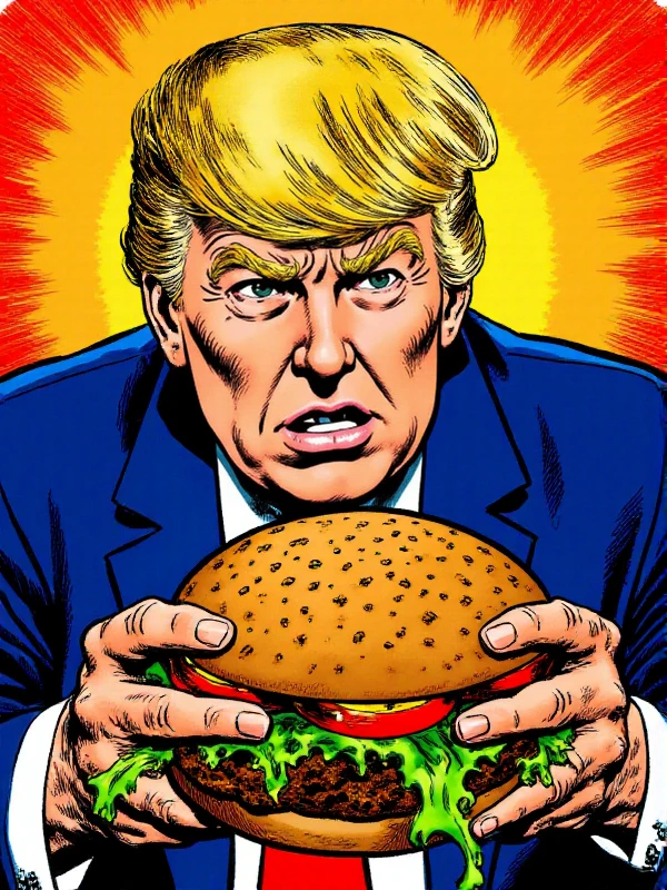 <lora:John_Byrne_Style:0.9> john byrne style, donald trump holds a burger