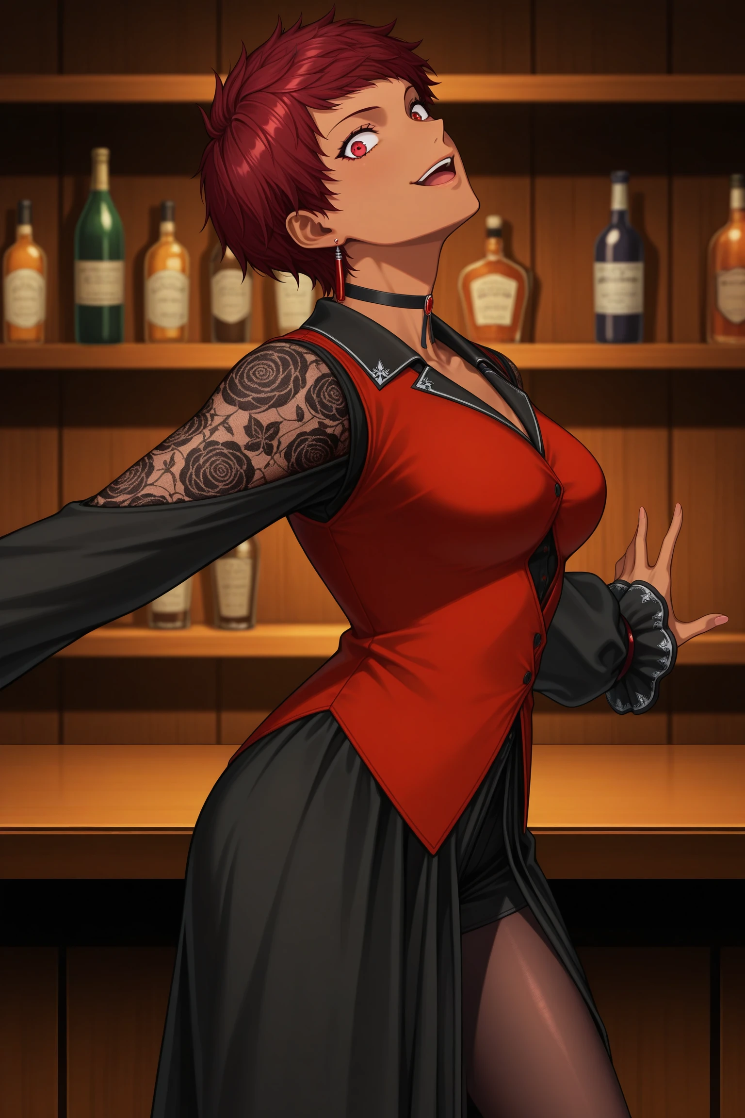 masterpiece, best quality, amazing quality, highres, absurdres, very aesthetic, high resolution, ultra detailed, perfect details, 1girl, looking at viewer, indoors, bar_(place), medium breasts, vice (kof), red hair, short hair, red eyes, dark-skinned female , red earrings, black dress, long dress, long sleeves, choker, red vest, clothing cutout, fishnet sleeves, frilled sleeves, front slit, black pantyhose, pantyhose under shorts, black shorts, short shorts, black footwear, high heel boots, <lora:Vice_KOF_XV_ILXL:0.8>, (aged up:1.5), (cowboy shot:1.5), anime coloring, anime screencap, (pose:1.3), smirk, open mouth, from side, wide-eyed, spread arms, head back