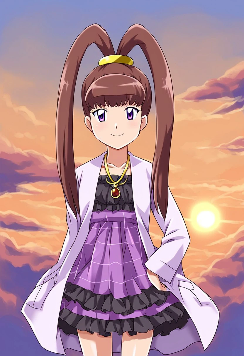 score 9, score 8 up, score 7 up, masterpiece_portrait, high quality, anime coloring, BREAK zPDXLx, mur4k4mi-ip,digimon, digimon xros wars, amano nene /(digimon xros wars/), split ponytail, purple eyes, 1girl, solo, brown hair, labcoat, boots, full body, high ponytail, long hair, dress, hand on hip, standing, ponytail, smile,outdoors, purple dress, plaid dress, black frills, frilled dress, light purple coat, collarbone, long golden necklace, jewelry, looking at viewer, smile, cowboy shot, blue sky, clouds, sun