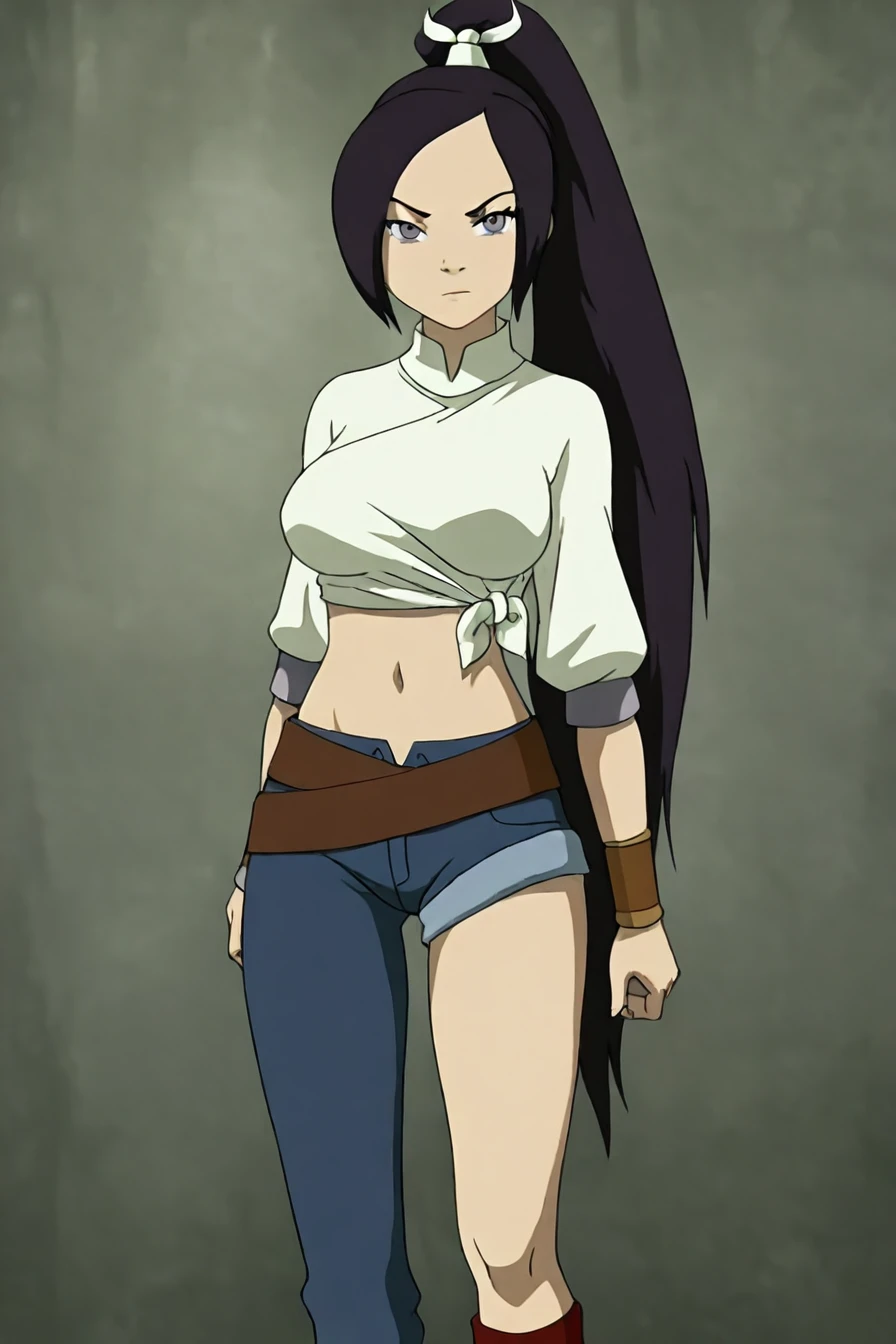 looking at the viewer, asymmetrical clothes, navel, purple eyes, very long hair, tied shirt, midriff, hair ribbon, single pantsleg, white shirt, ponytail, black hair, large breasts, jeans, white ribbon, brown belt, purple hair, asymmetrical legwear,1girl, solo, alone, <lora:avatar_the_last_airbender_style_illustriousXL:1>, avatar_last_airbender_style, masterpiece, highres