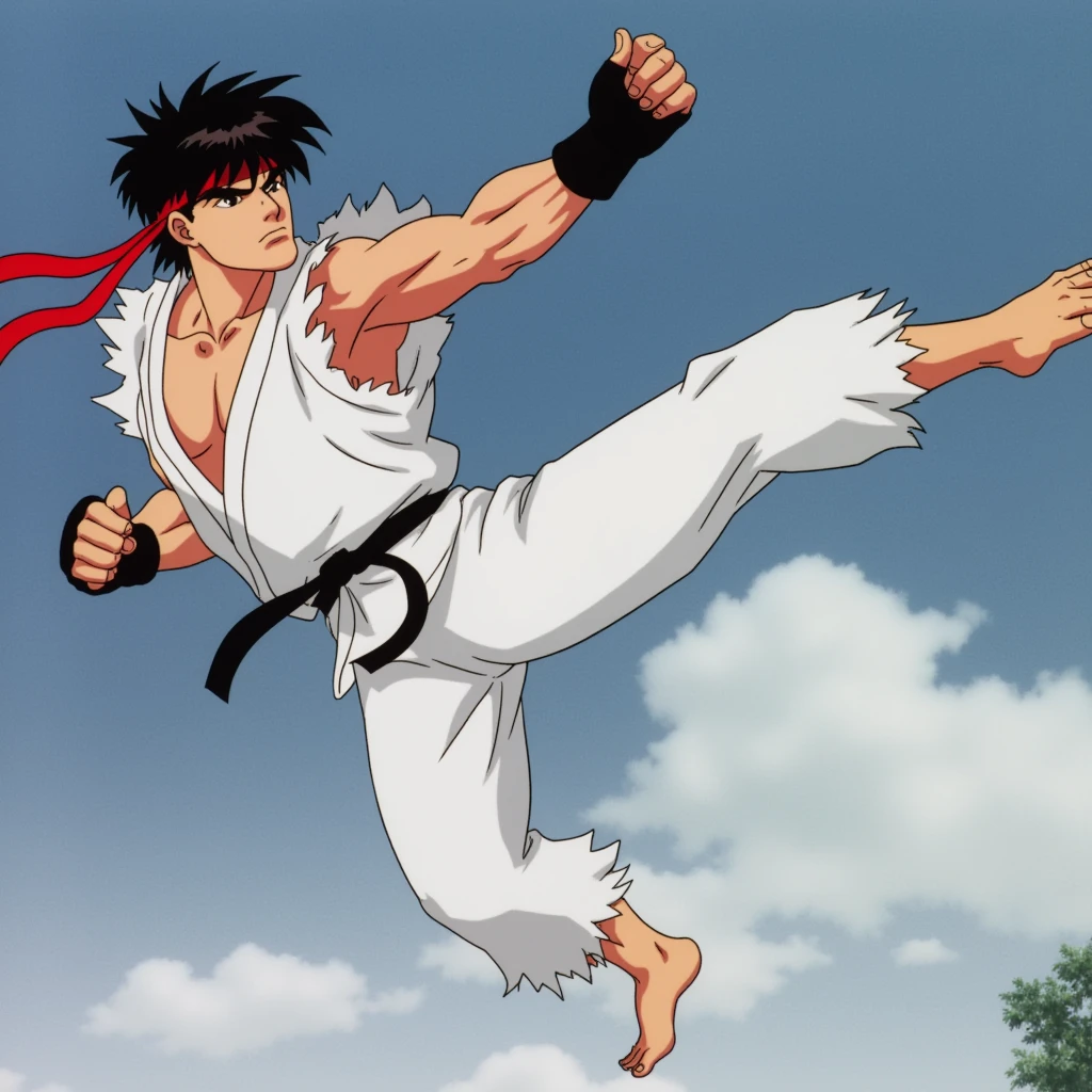 cinematic film still of  <lora:street fighter style v1:0.1>
 <lora:Ryu Hoshi v1:0.5>
Ryu Hoshi In 1990's cartoon style a man in a white outfit is jumping in air with a karate kick, perfect image, perfect body, perfect anatomy, sharp image, detailed image, cinematic cartoon style, high quality cartoon color style, street fighter style, Ryu Hoshi style, protagonist, hero, solo, black hair, gloves, full body, barefoot, fingerless gloves, torn clothes, muscular, headband, transparent background, dougi, ryu (street fighter), shallow depth of field, vignette, highly detailed, high budget, bokeh, cinemascope, moody, epic, gorgeous, film grain, grainy