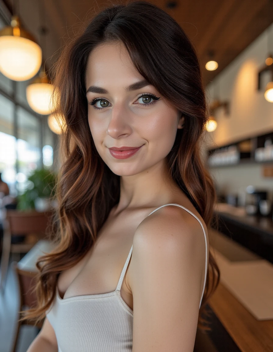 This is an image a young woman, a beautiful detailed photograph, makeup, wearing casual clothes, standing in a cafe looking at the viewer, with a hint of a closed-mouth smile.