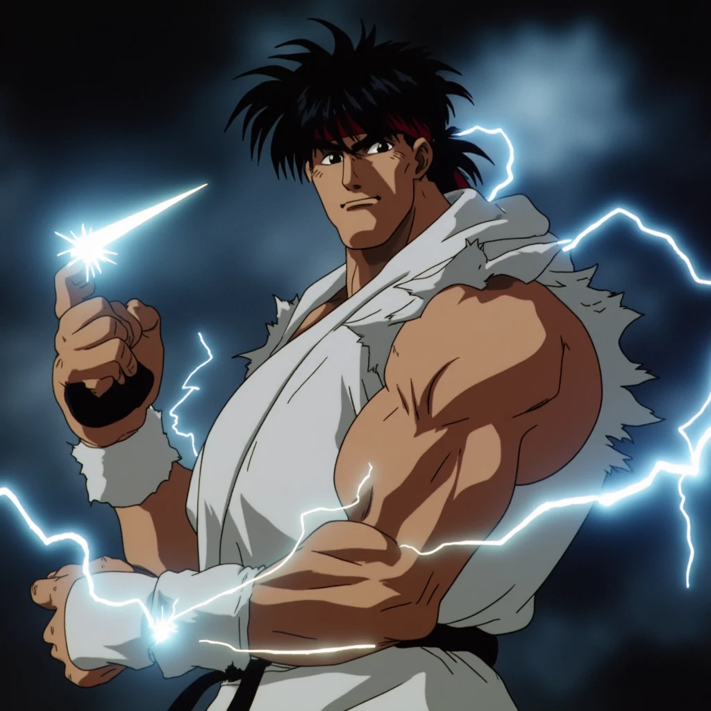 cinematic film still of  <lora:street fighter style v1:0.1>
 <lora:Ryu Hoshi v1:0.8>
Ryu Hoshi In 1990's cartoon style a man holding a Hadoken bolt lighting in front of a lightning, perfect image, perfect body, perfect anatomy, sharp image, detailed image, cinematic cartoon style, high quality cartoon color style, street fighter style, Ryu Hoshi style, Hadoken style, solo, black hair, muscular, headband, thick eyebrows, muscular male, electricity, dougi, ryu (street fighter), shallow depth of field, vignette, highly detailed, high budget, bokeh, cinemascope, moody, epic, gorgeous, film grain, grainy