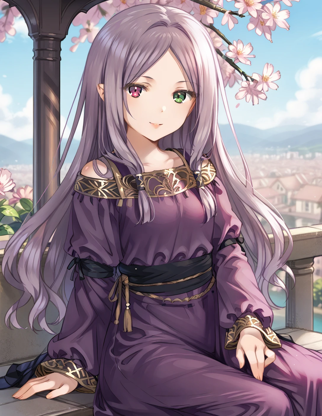 solo, 1girl,
IdunnDefault, purple dress, long hair,
outdoors, looking at viewer, sitting, cowboy shot, smile,  <lora:idunn_V1.0-000010:0.85>  <lora:Mankai_Kaika_PonyXL_style_v02:1>