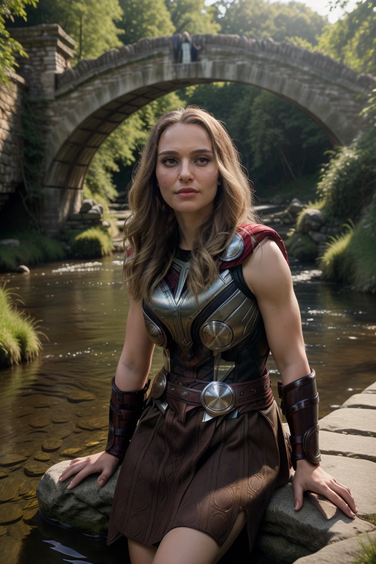 cinematic photo Dutch angle, intricate details,  (best quality), (masterpiece), (realistic), (intricate),   <lora:quiron_janeFosterThor_v050330_Lora:0.77>  janefosterthorquiron, realistic, long hair, 1girl, makeup, , Leaning against an old stone bridge, she gazes pensively into the rippling waters below, . 35mm photograph, film, bokeh, professional, 4k, highly detailed