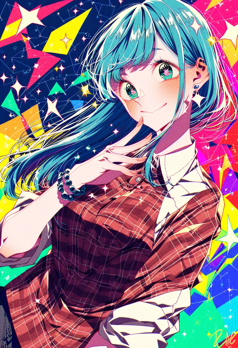 score_9, score_8_up, score_7_up, 4b-enpitsu, 1girl, ^^^, aqua eyes, blue hair, blush, bow, bracelet, closed mouth, constellation, diffraction spikes, doyagao, earrings, glint, hirschgeweih antennas, jewelry, lens flare, light censor, long hair, plaid, rainbow, rainbow background, shirt, shooting star, sleeves rolled up, smile, sparkle background, sparkling eyes, sparks, stage lights, star-shaped pupils
<lora:4b-enpitsu_Style:0.45>  <lora:ponyv4_noob1_2_adamW:0.3> <lora:easynegative:1>