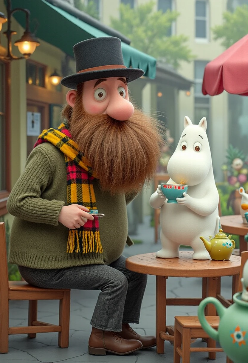 MoominWorld  A tall man with a bushy brown beard, a wide smile, and a sturdy build, wearing an oversized plaid scarf and a cozy sweater. He is sipping tea from a large, comically tiny teacup, seated at an outdoor café table decorated with whimsical Moomin motifs like teapot-shaped chairs and mismatched crockery.