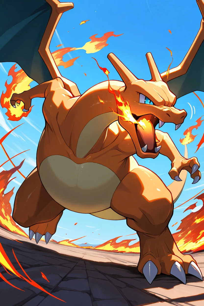 masterpiece, best quality,   <lora:CharizardPokedexIXL:1.0>,   Charizard, no humans, solo, wings, fire, angry, attacking, sky, blue sky, claws, motion lines, dynamic pose,